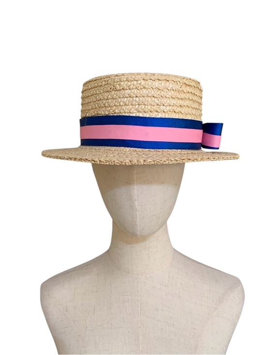 Scala Accessories - Scala Women’s Gondola Natural Straw Boater Hat with Pink and Blue Lace Size L